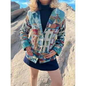 Vintage 1990s Sea Side City Novelty Tapestry Jacket 90s retro ocean blue